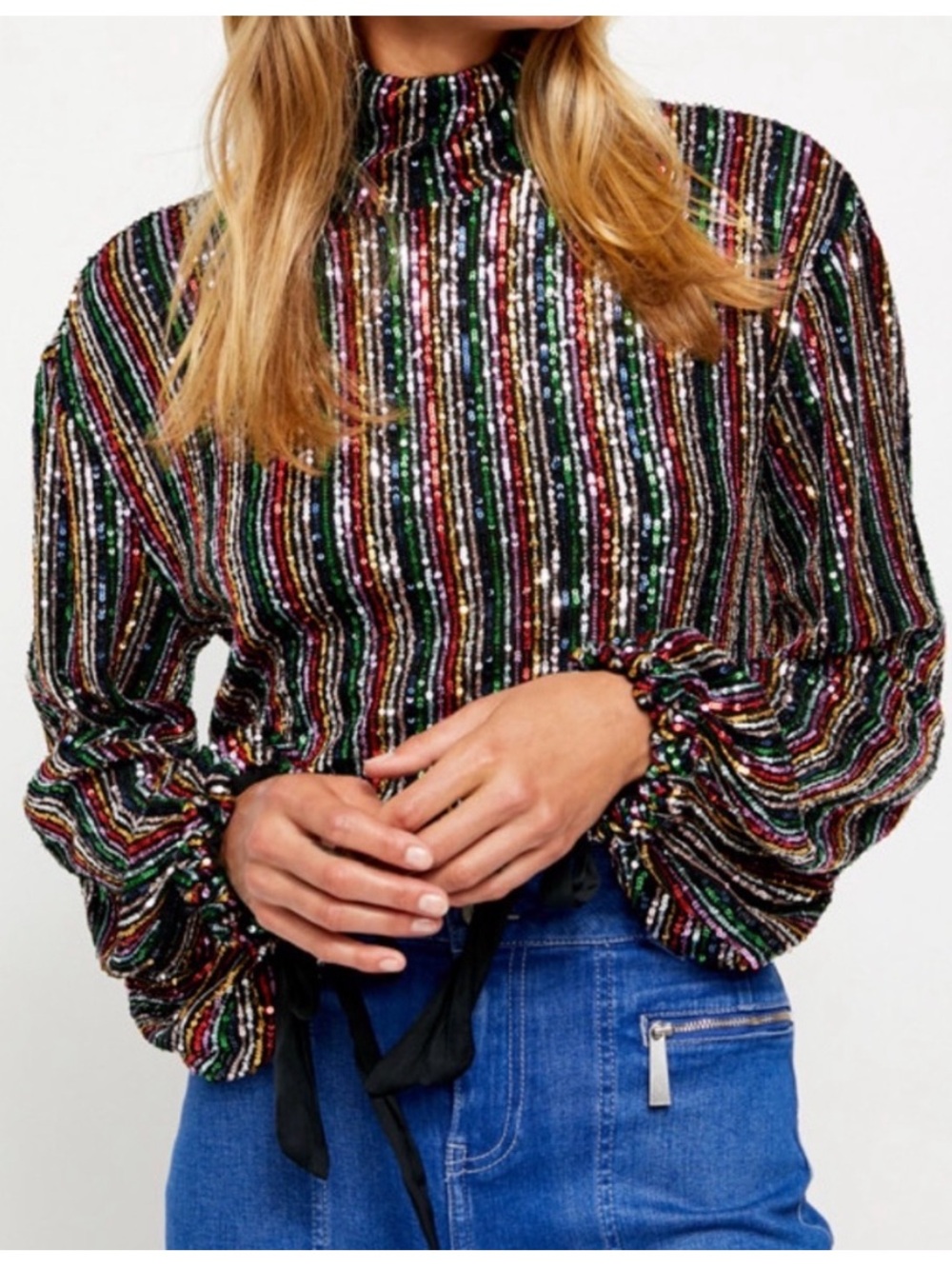 Free People Midnight City Multicolor Sequin Stripe Mock-Neck Blouse